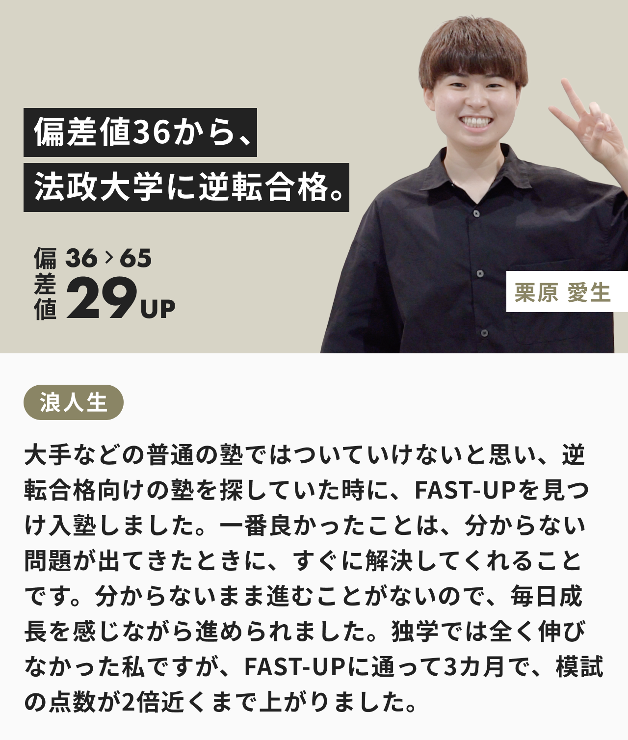 偏差値を36から65まで29上げて、法政大学に逆転合格した栗原愛生さんの合格体験記。
大手などの普通の塾ではついていけないと思い、逆転合格向けの塾を探していた時に、FAST-UPを見つけ入塾しました。一番良かったことは、分からない問題が出てきたときに、すぐに解決してくれることです。分からないまま進むことがないので、毎日成長を感じながら進められました。独学では全く伸びなかった私ですが、FAST-UPに通って3カ月で、模試の点数が2倍近くまで上がりました。